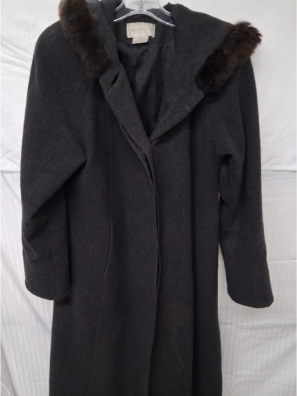 Worthington Dark Charcoal Gray Wool Trench Coat with Rabbit Fur Trim Sz 12 petit